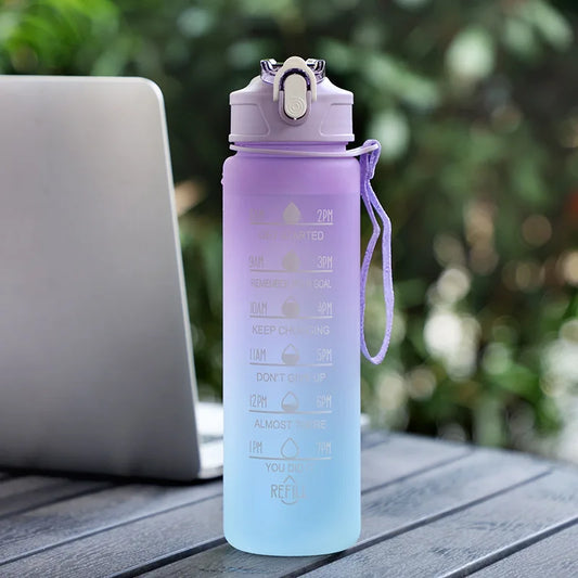 3Sizes Sports Water Bottle Gradient Color with Time Marker Leak-Proof Cup Gym Outdoor Drinkware